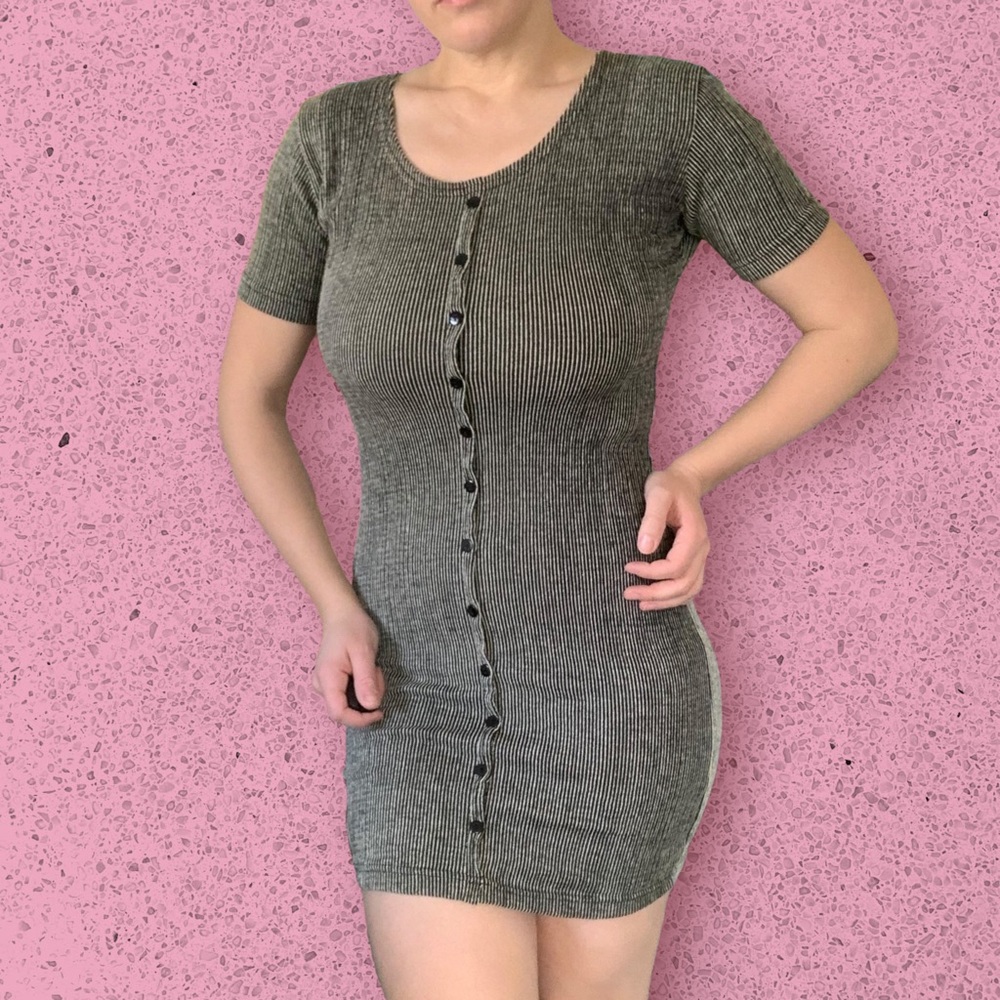 Vintage 1990s S&P Sportswear Black White Striped Ribbed Bodycon Mini Dress